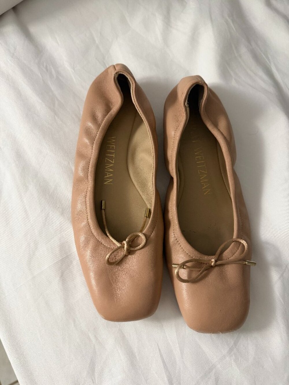 Stuart Weitzman Nude Leather Ballet Flats Bow Square Toe Women’s 7.5